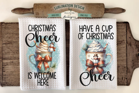 Snowman Mugs Christmas Cheer Kitchen Towel Sublimation PNG Sublimation Ewe-N-Me Designs 