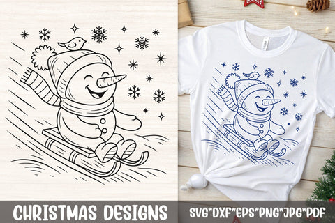 Snowman On Sled SVG | Cute Sledding Christmas Line Art SVG Tafti Art 