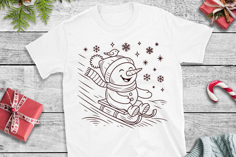 Snowman On Sled SVG | Cute Sledding Christmas Line Art SVG Tafti Art 