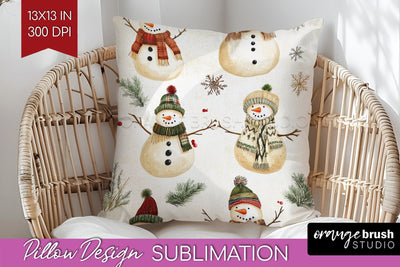 Snowman Pillow Sublimation - Cute Christmas Pillow Cover PNG Sublimation OrangeBrushStudio 