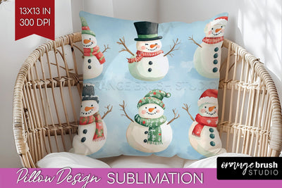 Snowman Pillow Sublimation - Cute Christmas Pillow Cover PNG Sublimation OrangeBrushStudio 