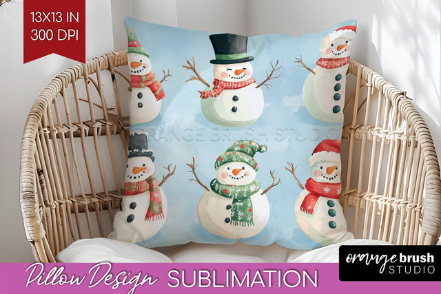 Snowman Pillow Sublimation - Cute Christmas Pillow Cover PNG Sublimation OrangeBrushStudio 