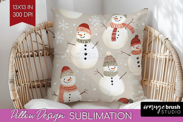 Snowman Pillow Sublimation - Cute Christmas Pillow Cover PNG Sublimation OrangeBrushStudio 