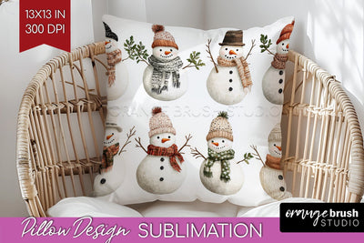 Snowman Pillow Sublimation - Cute Christmas Pillow Cover PNG Sublimation OrangeBrushStudio 