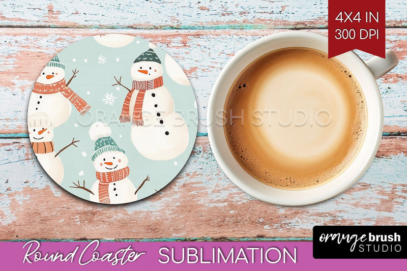 Snowman Round Coaster - Cute Christmas Coaster PNG Sublimation OrangeBrushStudio 