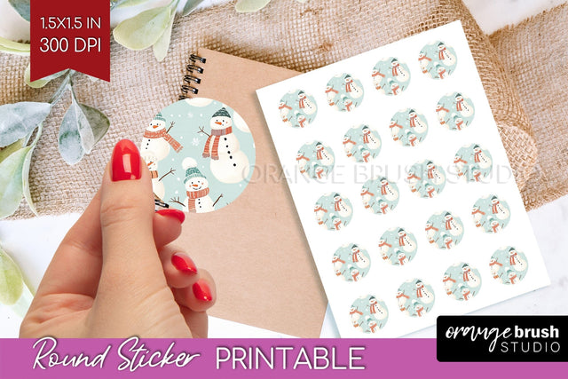 Snowman Round Sticker - Cute Christmas Printable Sticker Sublimation OrangeBrushStudio 
