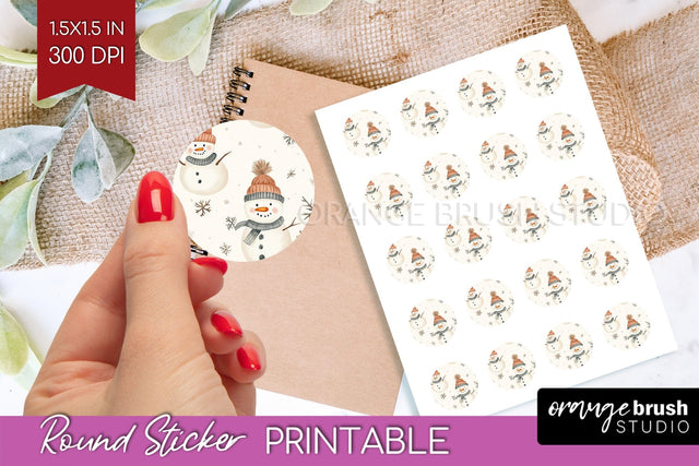 Snowman Round Sticker - Cute Christmas Printable Sticker Sublimation OrangeBrushStudio 