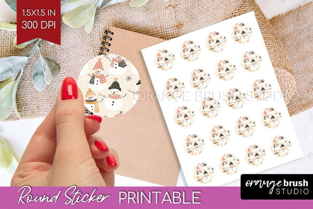 Snowman Round Sticker - Cute Christmas Printable Sticker Sublimation OrangeBrushStudio 