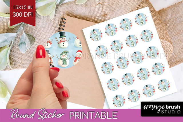 Snowman Round Sticker - Cute Christmas Printable Sticker Sublimation OrangeBrushStudio 