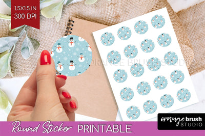 Snowman Round Sticker - Cute Christmas Printable Sticker Sublimation OrangeBrushStudio 
