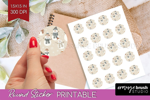 Snowman Round Sticker - Cute Christmas Printable Sticker Sublimation OrangeBrushStudio 