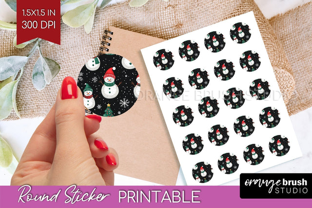 Snowman Round Sticker - Cute Christmas Printable Sticker Sublimation OrangeBrushStudio 