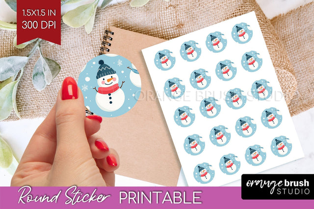 Snowman Round Sticker - Cute Christmas Printable Sticker Sublimation OrangeBrushStudio 
