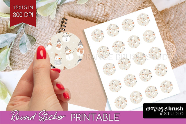 Snowman Round Sticker - Cute Christmas Printable Sticker Sublimation OrangeBrushStudio 