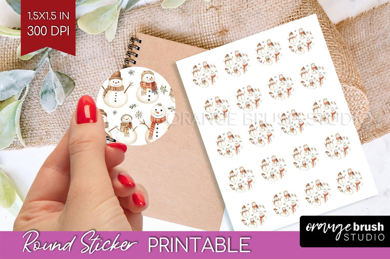 Snowman Round Sticker - Cute Christmas Printable Sticker Sublimation OrangeBrushStudio 