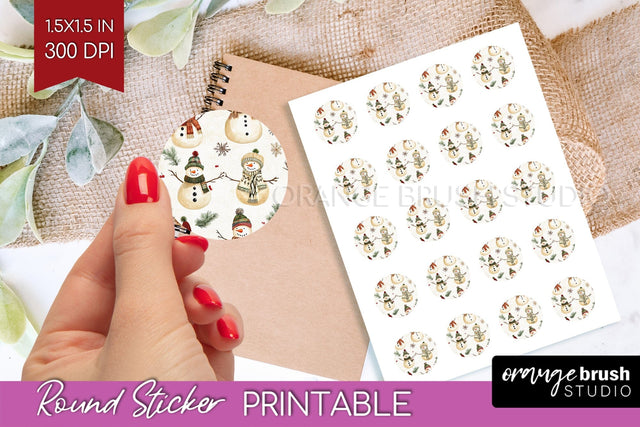 Snowman Round Sticker - Cute Christmas Printable Sticker Sublimation OrangeBrushStudio 