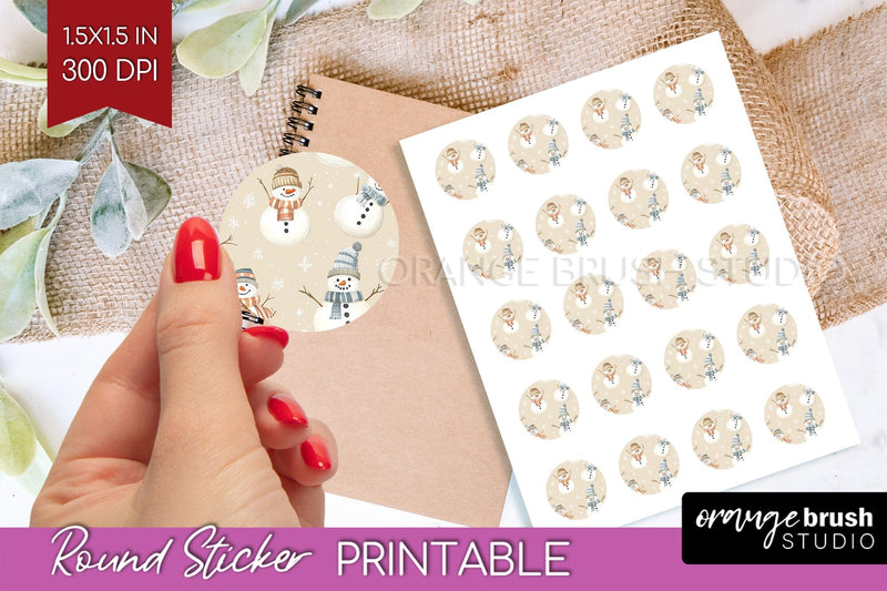 Snowman Round Sticker - Cute Christmas Printable Sticker Sublimation OrangeBrushStudio 