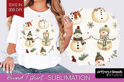 Snowman Round Tshirt Background - Cute Christmas PNG Sublimation OrangeBrushStudio 