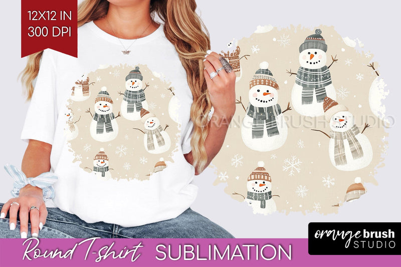 Snowman Round Tshirt Background - Cute Christmas PNG Sublimation OrangeBrushStudio 