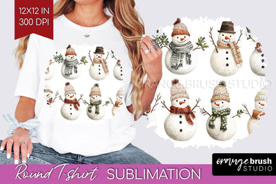 Snowman Round Tshirt Background - Cute Christmas PNG Sublimation OrangeBrushStudio 