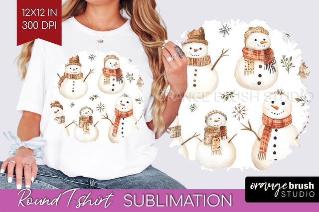 Snowman Round Tshirt Background - Cute Christmas PNG Sublimation OrangeBrushStudio 