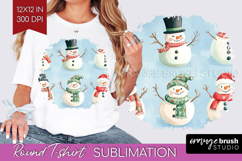 Snowman Round Tshirt Background - Cute Christmas PNG Sublimation OrangeBrushStudio 