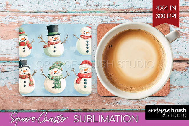 Snowman Square Coaster - Cute Christmas Coaster PNG Sublimation OrangeBrushStudio 
