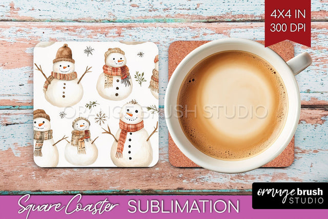 Snowman Square Coaster - Cute Christmas Coaster PNG Sublimation OrangeBrushStudio 