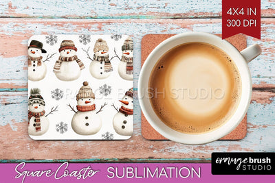 Snowman Square Coaster - Cute Christmas Coaster PNG Sublimation OrangeBrushStudio 