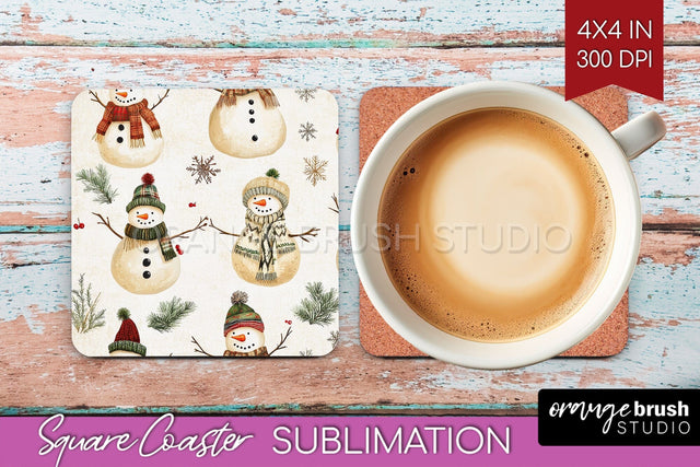 Snowman Square Coaster - Cute Christmas Coaster PNG Sublimation OrangeBrushStudio 
