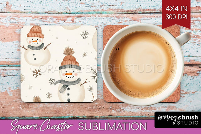 Snowman Square Coaster - Cute Christmas Coaster PNG Sublimation OrangeBrushStudio 