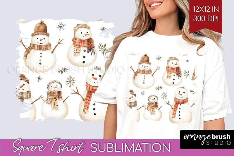 Snowman Square Tshirt Background - Cute Christmas PNG Sublimation OrangeBrushStudio 