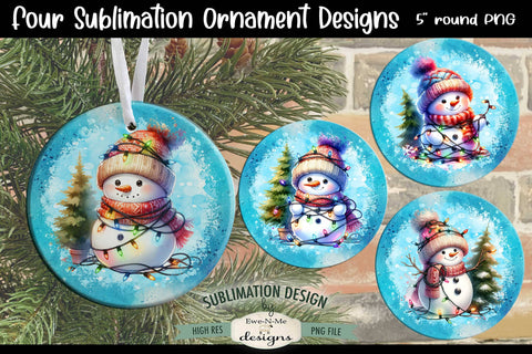 Snowman Tangled In Lights Ornament Designs | 4 PNG Files Sublimation Ewe-N-Me Designs 