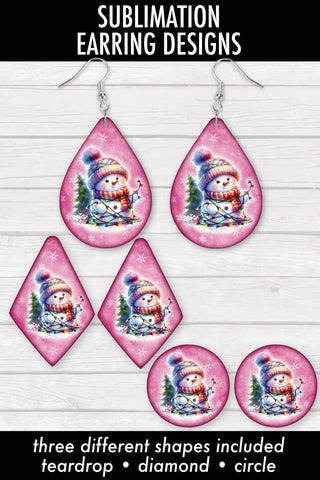 Snowman Tangled In Lights - Pink - Sublimation Earring Designs Sublimation Ewe-N-Me Designs 