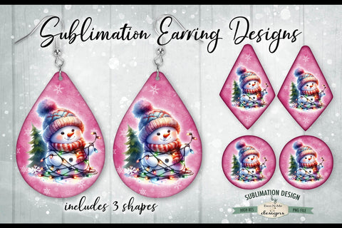 Snowman Tangled In Lights - Pink - Sublimation Earring Designs Sublimation Ewe-N-Me Designs 