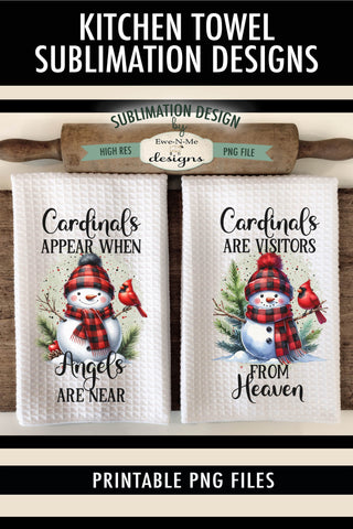 Snowman with Cardinals Kitchen Towel Sublimation Designs PNG Sublimation Ewe-N-Me Designs 