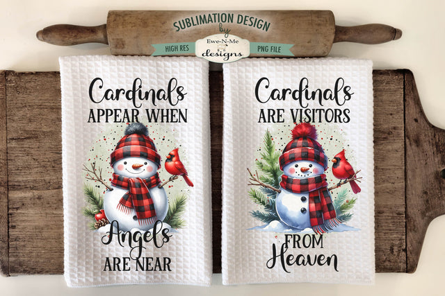 Snowman with Cardinals Kitchen Towel Sublimation Designs PNG Sublimation Ewe-N-Me Designs 