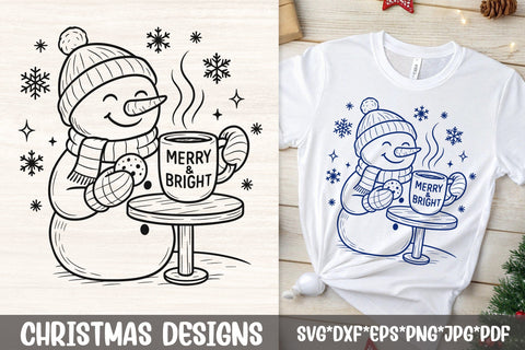 Snowman With Cookie & Merry Mug SVG | Christmas Line Art SVG Tafti Art 