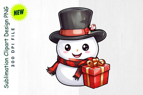 Snowman with Gift in Plaid Scarf And Top Hat Sublimation Clipart Sublimation Regulrcrative 