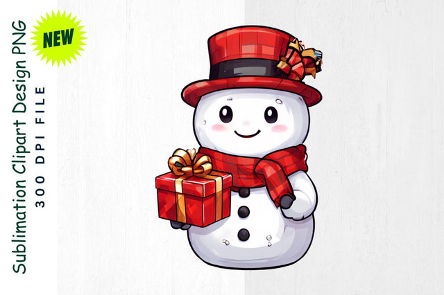 Snowman with Gift in Plaid Scarf And Top Hat Sublimation Clipart Sublimation Regulrcrative 