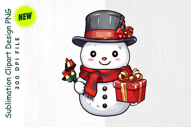 Snowman with Gift in Plaid Scarf And Top Hat Sublimation Clipart Sublimation Regulrcrative 