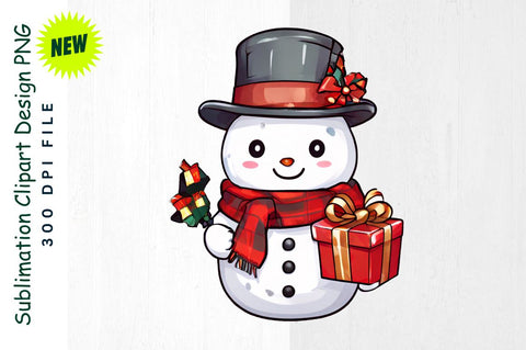 Snowman with Gift in Plaid Scarf And Top Hat Sublimation Clipart Sublimation Regulrcrative 