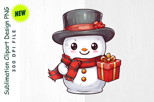 Snowman with Gift in Plaid Scarf And Top Hat Sublimation Clipart Sublimation Regulrcrative 