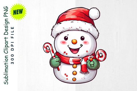Snowman with Santa Hat And Candy Cane Sublimation Clipart Sublimation Regulrcrative 