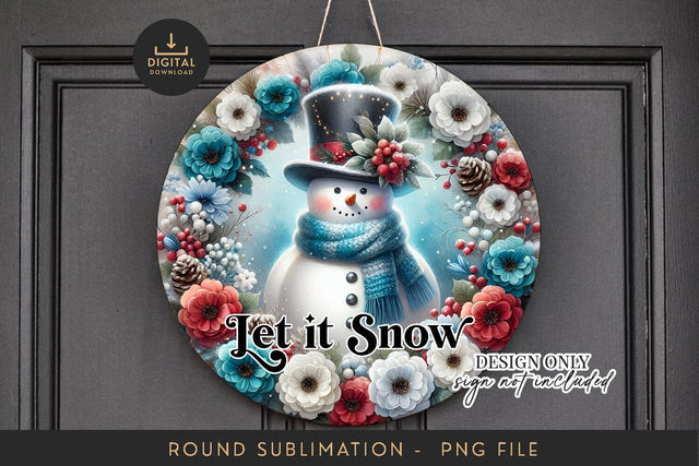 Snowman Wreath Sign Sublimation PNG - Round Winter Floral Sublimation BijouBay 