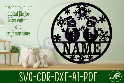 Snowmen Christmas name sign svg laser cut template SVG APInspireddesigns 