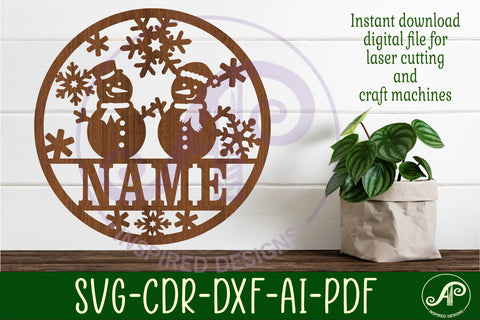 Snowmen Christmas name sign svg laser cut template SVG APInspireddesigns 