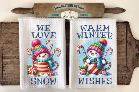 Snowmen in Mugs | Snowman Cups Kitchen Towel Sublimation Sublimation Ewe-N-Me Designs 