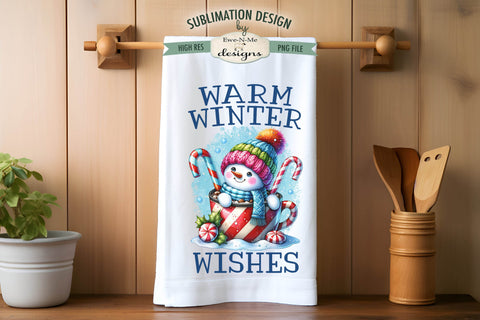 Snowmen in Mugs | Snowman Cups Kitchen Towel Sublimation Sublimation Ewe-N-Me Designs 