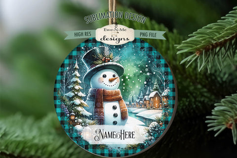 Snowmen In Night Village Christmas Ornament Design PNG Files Sublimation Ewe-N-Me Designs 